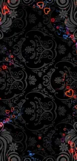 Elegant black floral wallpaper with intricate pattern.