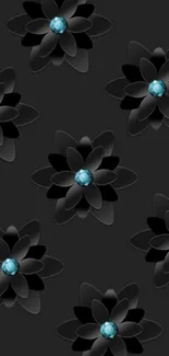 Sleek black floral wallpaper with blue gem accents.