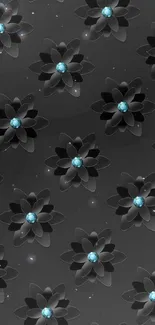 Black floral wallpaper with blue gems.