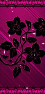 Black floral design on vibrant magenta background.