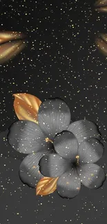 Elegant black floral wallpaper with gold accents on a dark background.