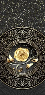 Black and gold wallpaper with elegant rose design.