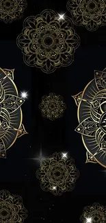 Elegant black and gold mandala wallpaper with intricate design.