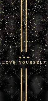 Elegant black and gold tufted wallpaper with Love Yourself message.