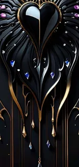 Elegant black heart with gold and jewel accents on a stylish wallpaper.