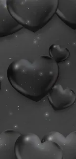 Elegant black mobile wallpaper with 3D heart shapes on a dark background.