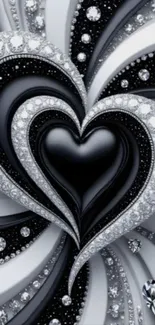 Elegant black heart wallpaper with diamonds.
