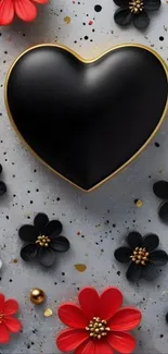 Elegant black heart with vibrant flowers.