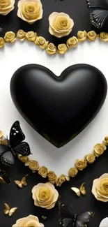 Black heart with golden roses and butterflies design.