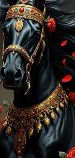 Majestic black horse with gold jewelry and red roses in digital art.