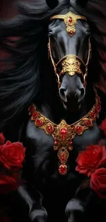 Elegant black horse with gold and ruby decorations among red roses.