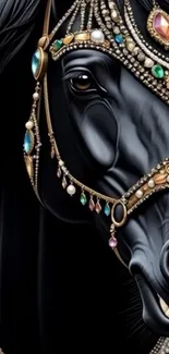 Elegant black horse with jeweled harness.