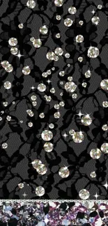 Elegant black lace wallpaper with sparkling gems.