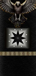 Elegant black leather wallpaper with eagle and geometric design.