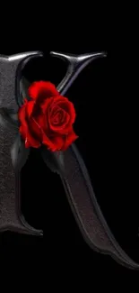 Wallpaper with letter K and red rose on black background.