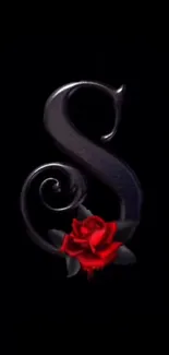 Black letter S with a red rose on a dark background.