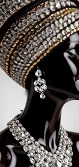 Mannequin with jeweled headdress and jewelry.