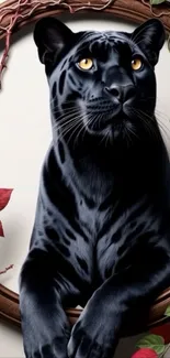 Black panther in decorative frame with leaves.