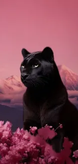 Black panther with pink mountains and blossom floral foreground.