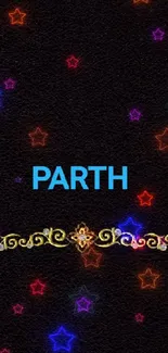 Black wallpaper with gold design and blue text 'Parth'.