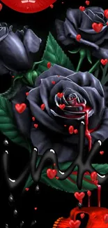 Ink-styled black rose with red hearts on a dark background.