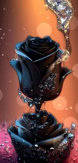 Elegant black rose with water droplets and a warm, glowing background.