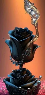 Elegant black rose with sparkling accents and gradient background.