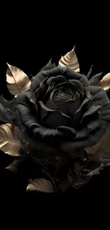 Elegant black rose with golden leaves wallpaper.