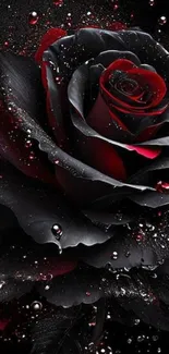 Elegant black rose with red highlights and water droplets in dark background.