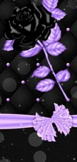 Elegant black rose with purple accents on a quilted background.