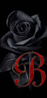 Elegant black rose with red letter B on dark background.