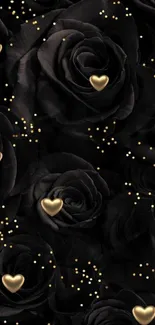 Wallpaper with black roses and gold hearts scattered.