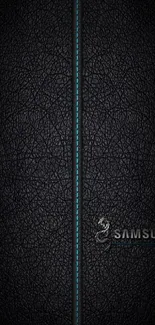 Black Samsung wallpaper with leather texture and logo.