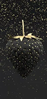 A black strawberry with gold seeds on a dark background.