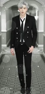 Stylish figure in black suit in a hallway background.