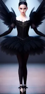 Elegant black swan ballerina with feathered wings and dark tutu.