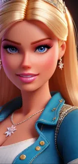 3D blonde character with jewelry and blue jacket.