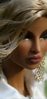 Blonde doll close-up portrait with stylish earrings.