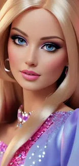Blonde doll with lavender dress and vibrant eyes.