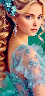 Elegant blonde woman in teal floral dress.