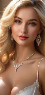 Elegant blonde woman portrait on mobile wallpaper with jewelry.