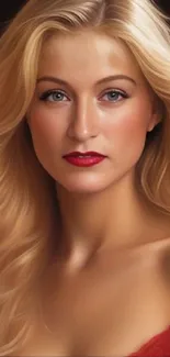 Portrait of a blonde woman with red lips.