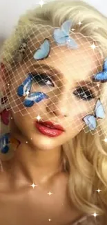 Blonde woman with butterflies on her face, creating an elegant and whimsical look.