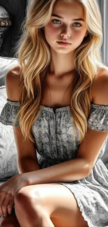 Elegant blonde woman in a fashionable dress sitting indoors.
