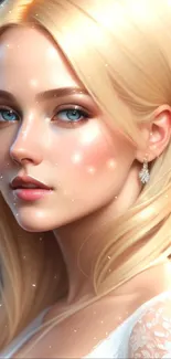 Elegant blonde woman with earrings and lace details.