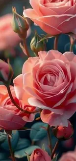 Elegant blooming pink roses with lush green leaves.