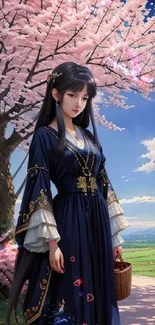 Woman in blue dress under cherry blossoms with a serene landscape backdrop.