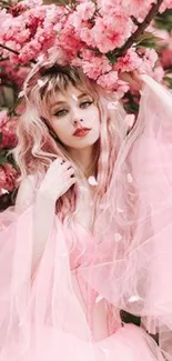 Woman in pink dress among cherry blossoms.