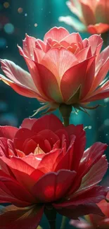 Vibrant red blossoms with a mystical glow.