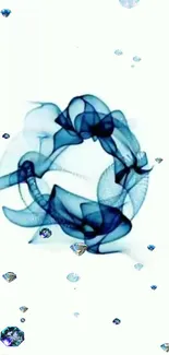 Elegant blue abstract wallpaper with swirling designs and crystals.